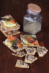 Salmon sandwiches on wooden table close-up