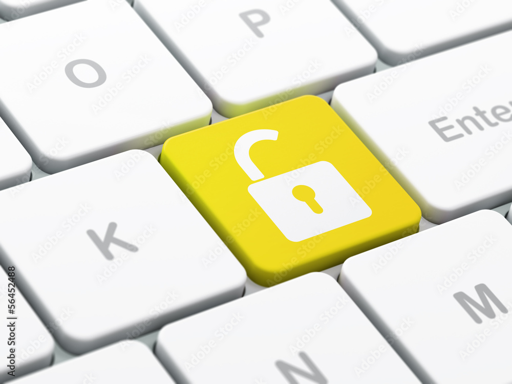 Poster protection concept: opened padlock on computer keyboard backgrou