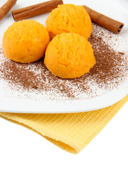 Delicious ice cream on plate close-up