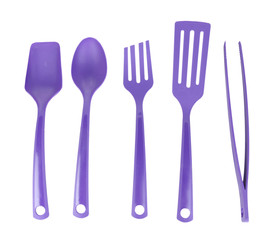 Plastic kitchen utensils isolated on white