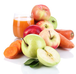 Sweet apples, juice and carrots isolated on white