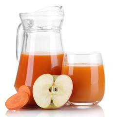 Carrot juice and fresh carrot and apple isolated on white