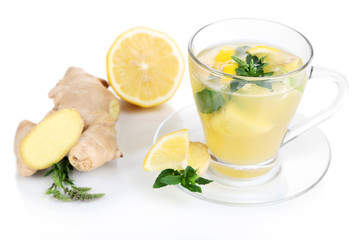 Cup of tea with ginger isolated on white