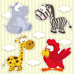 Naklejka premium icon set animal hippo, giraffe, zebra, parrot - vector