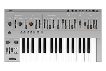 top view of gray synthesizer isolated on white background - obrazy, fototapety, plakaty