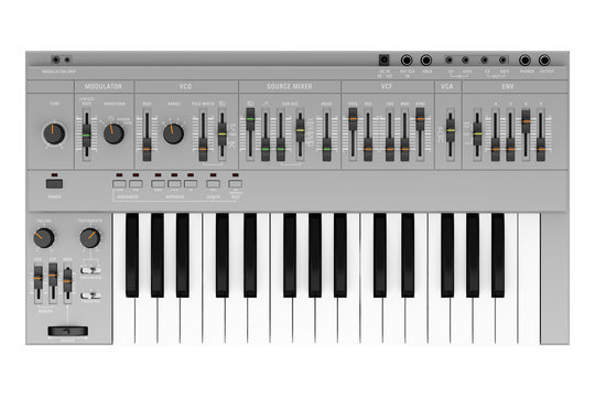 top view of gray synthesizer isolated on white background