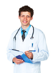 Portrait of smiling  young male doctor writing on a patient's me