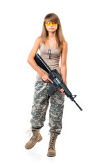 Soldier young beautiful girl dressed in a camouflage with a gun