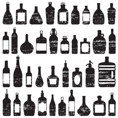 Fototapeta na wymiar Various bottles scratched vector silhouette icons set