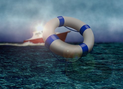 Rescue Boat and Life Buoy at Sea during Stormy Day