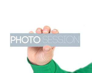 woman holding a label with photo session