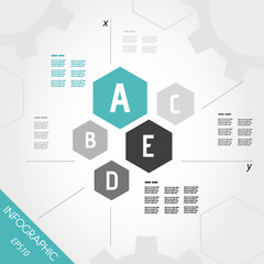 five turquoise infographic hexagons with axis