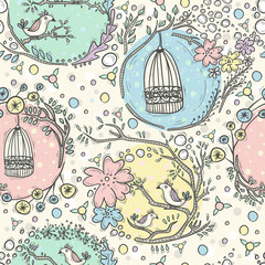 Seamless pattern with birdcages, flowers and birds.