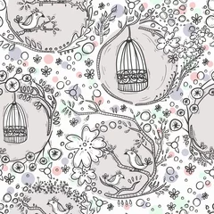 Washable wall murals Birds in cages Seamless pattern with birdcages, flowers and birds.