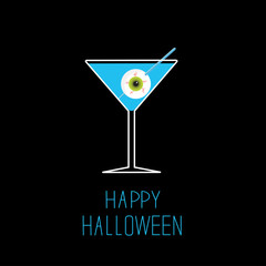 Martini glass with blue cocktail and eyeball. Halloween card.