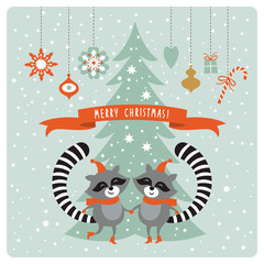 cute funny raccoons , greeting card