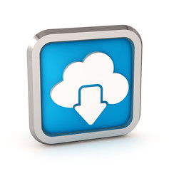 Blue download from cloud icon on a white background