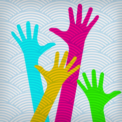 Happy colorful hands on the waved background