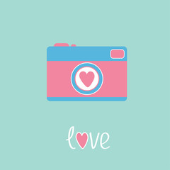 Photo camera with heart.  Love card.