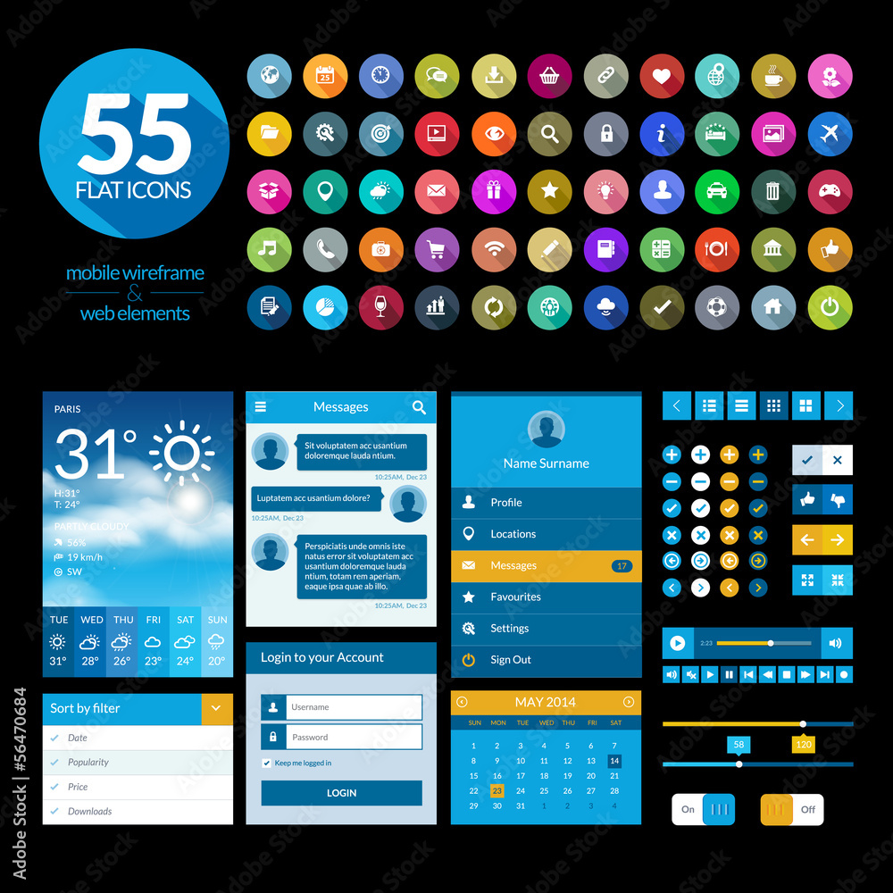 Poster set of flat design ui elements and icons
