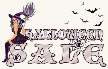 Halloween sale  with sexy witch, vector illustration