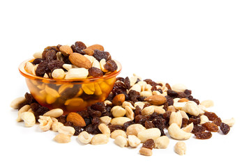 nuts and raisins isolated on white
