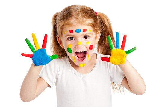 Three Year Old Gilr With Brightly Painted Hands