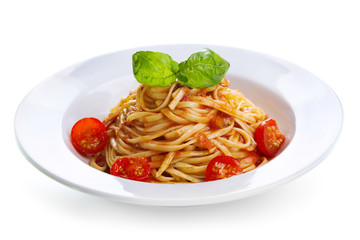 pasta with tomato sauce and green basil