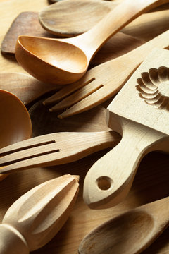 Close-up of wooden kitchen utensils