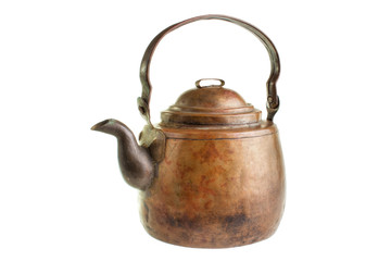 Antique hand forged copper coffee pot , isolated