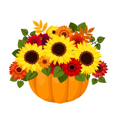 Autumn colorful flowers in pumpkin. Vector illustration.