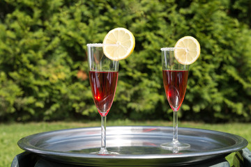 Cocktails on tray in garden