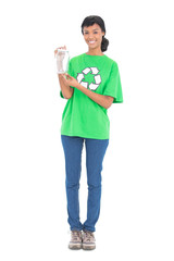 Happy black haired ecologist holding a jar