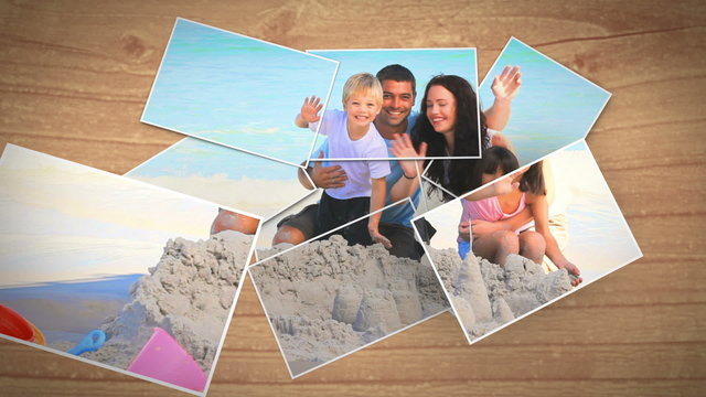 Instant photos falling and showing a family on the beach