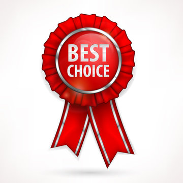 Red award label best choice with ribbon isolated on white,