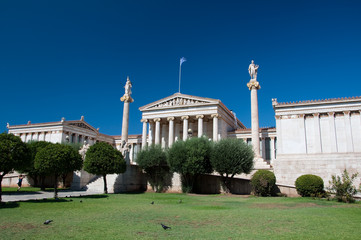 Academy of Athens with Plato and Socrates monument.