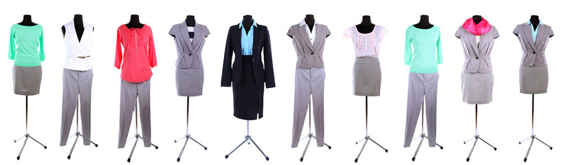 Collage of office clothes on mannequin isolated on white
