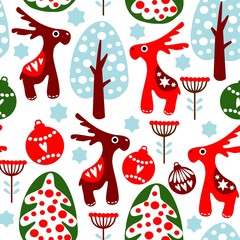 Seamless vector pattern with christmas balls, reindeer, tree