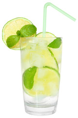 Fresh cold lemonade from lime with ice close up