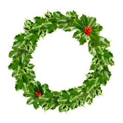 Christmas wreath of holly - green leaf isolated