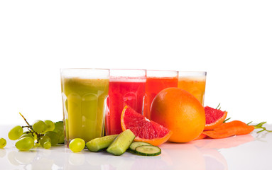Fresh fruits, vegetables and juice isolated on white background