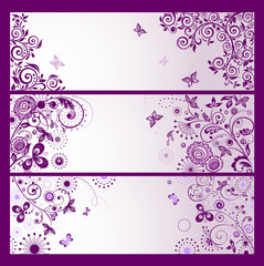 Set of horizontal violet floral greeting banners