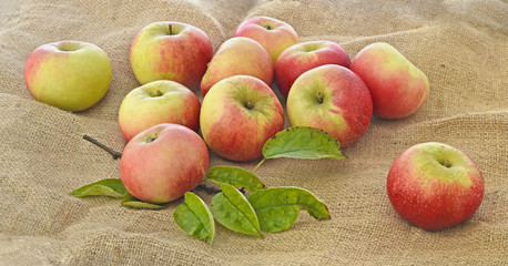 Apples with green leaves on top of a burlap surface