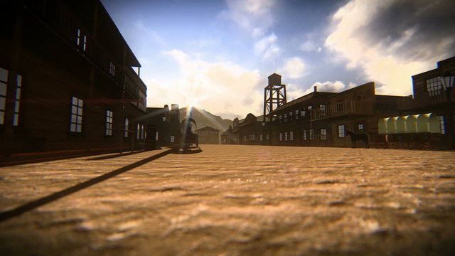 Crossing the main street of a small town in the old west
