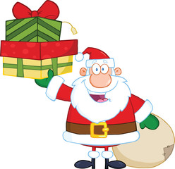 Smiling Santa Claus Holding Up A Stack Of Gifts