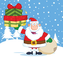 Happy Santa Claus Holding Up A Stack Of Gifts