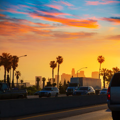 LA Los Angeles sunset skyline with traffic California