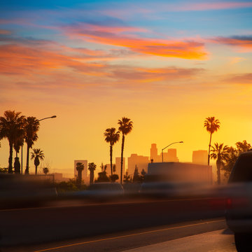 LA Los Angeles sunset skyline with traffic California