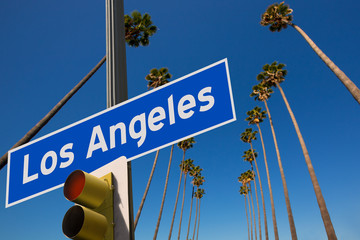 Fototapeta premium LA Los Angeles palm trees in a row road sign photo mount