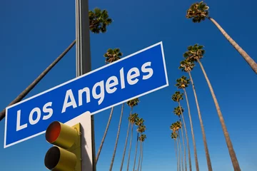 Foto op Plexiglas LA Los Angeles palmbomen op een rij verkeersbord fotomontage © lunamarina